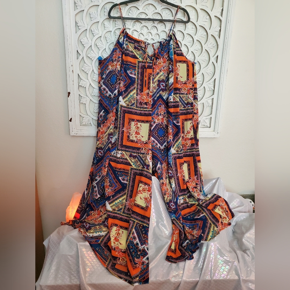 NWOT Renee C Patchwork Scarf Print Jumpsuit Overalls 3X